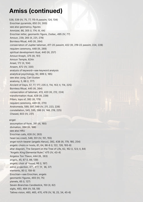 Amiss to Amniziel: Enochian and Hermetic Index References
