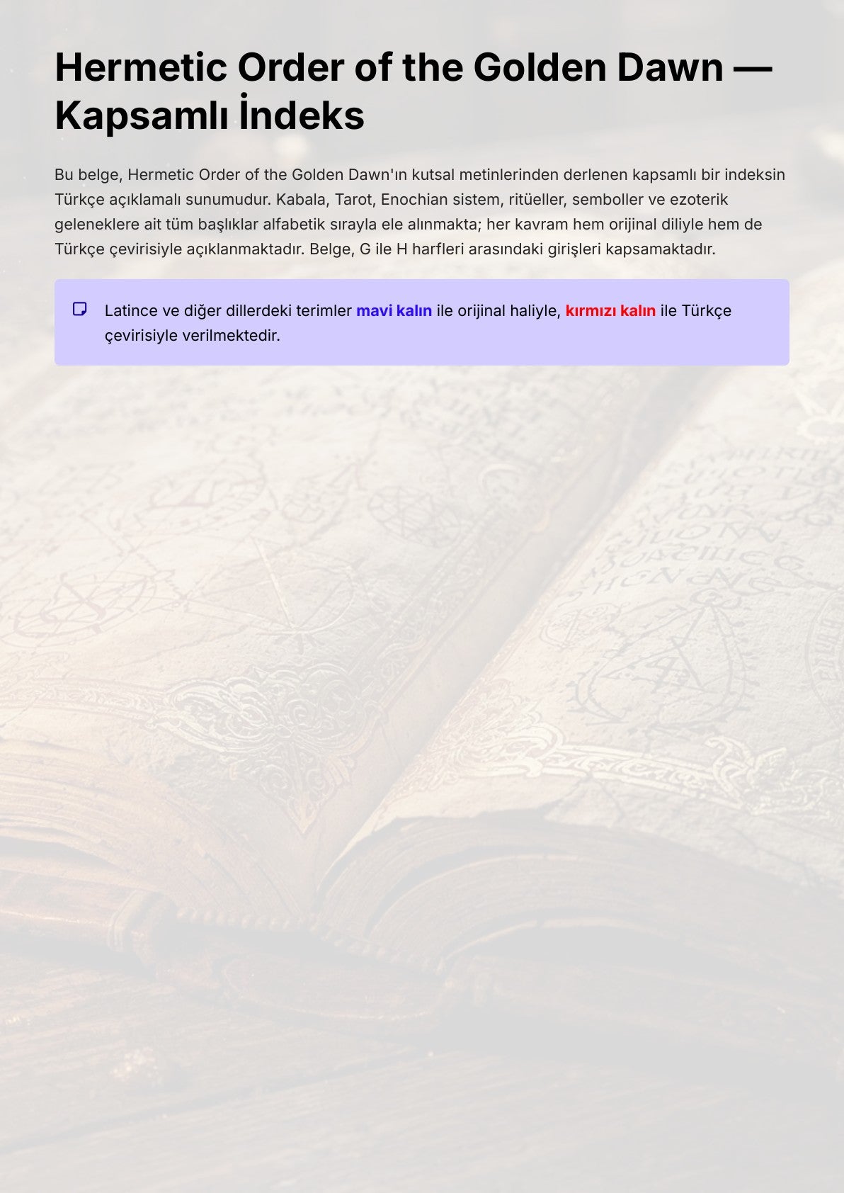 Hermetic Order of the Golden Dawn — Kapsamlı İndeks